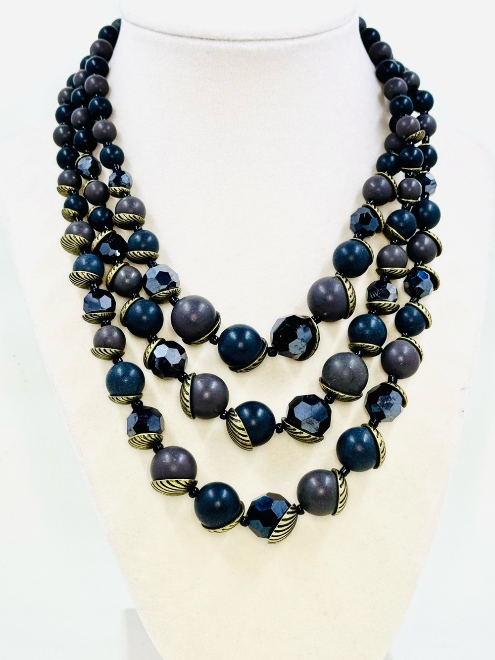 Premier Designs Multi-Strand Black Faceted Beaded Necklace W/Gold Accents 14-18”